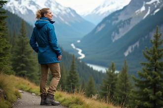 Femme en randonnée contemplant la vallée montagneuse