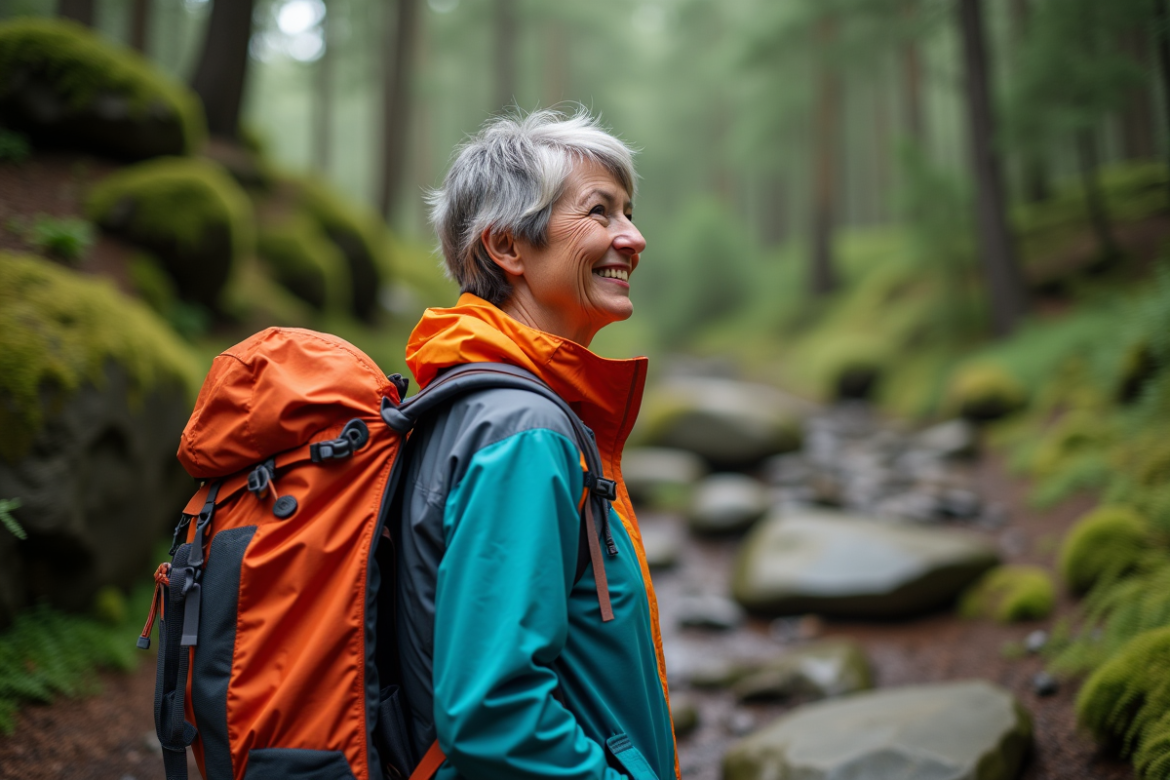 Femme souriante en randonnée dans la forêt