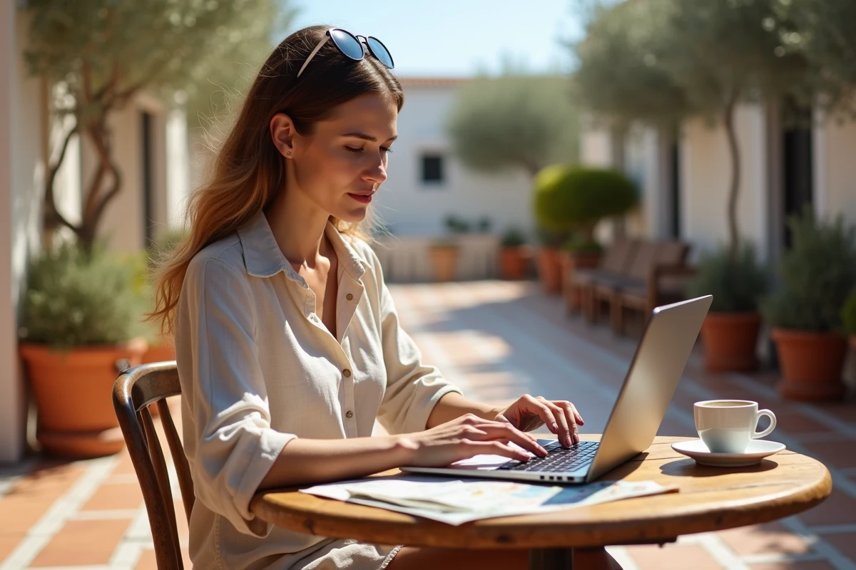 Femme consultant des hébergements méditerranéens rapport qualité-prix sur un ordinateur portable en terrasse