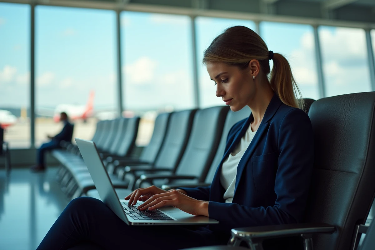 Femme modifiant sa réservation Air Algérie sur un ordinateur portable dans un terminal d'aéroport moderne