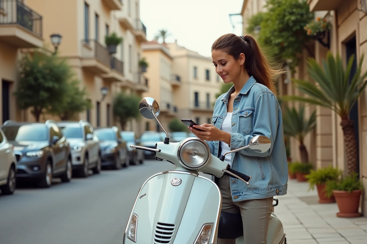 Jeune femme avec scooter vérifiant son téléphone dans Sliema
