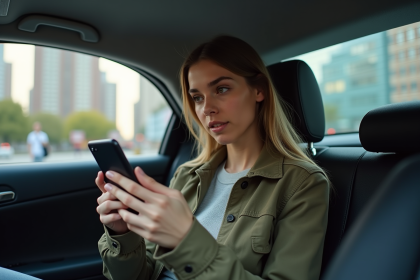 Femme en voiture de VTC regardant son smartphone en ville