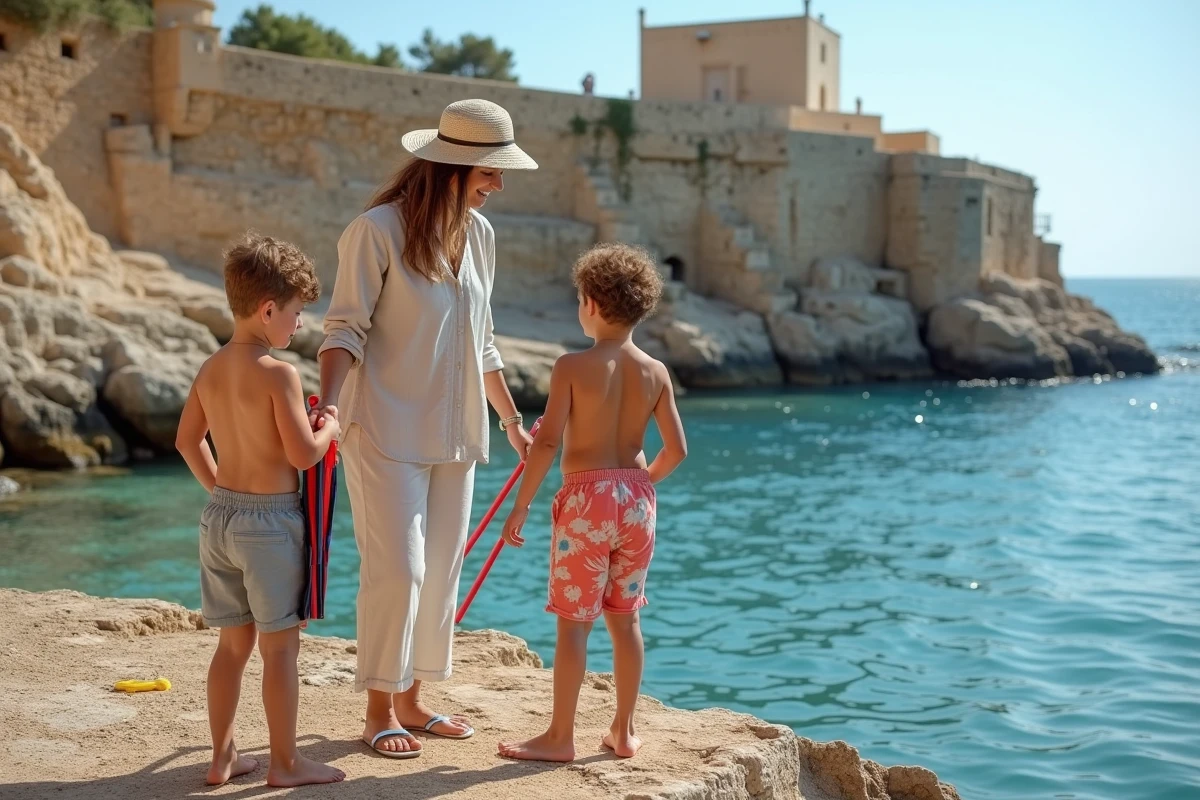Femme maltaise offrant un équipement de snorkeling aux enfants
