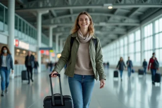 Femme souriante avec valise à l'aéroport de Nantes