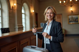Femme souriante check-in à l'hôtel à Dijon