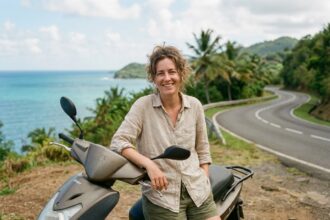 Femme souriante avec scooter sur un panorama martiniquais