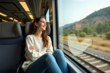 Jeune femme dans un train en Californie regardant le paysage