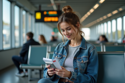 Jeune femme avec ticket de train dans station moderne