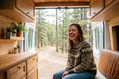Jeune femme riant dans un van moderne en forêt