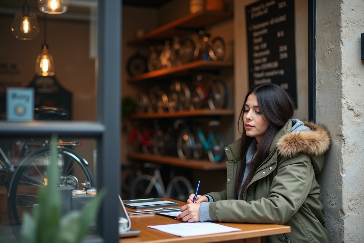 Jeune femme remplissant un formulaire de vente devant un magasin de vélos vintage