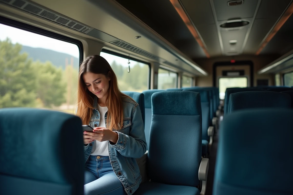 Jeune femme assise dans un bus regardant son téléphone