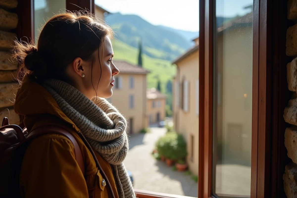 Femme regardant un village depuis une fenetre