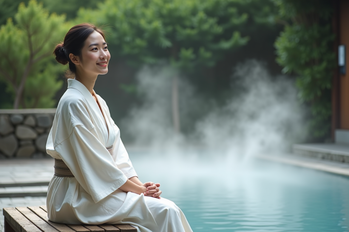 Femme japonaise en yukata blanc près d'un onsen en plein air