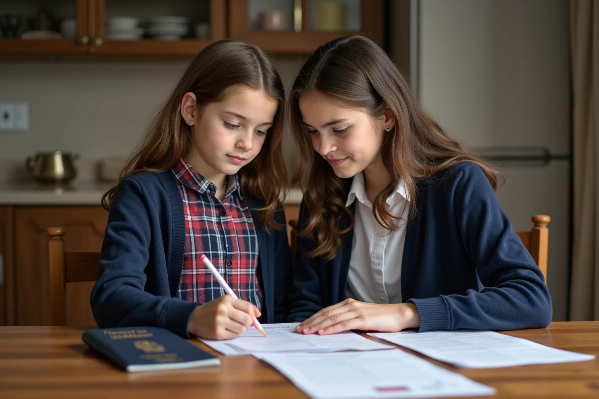 Jeune fille française avec sa mère et documents