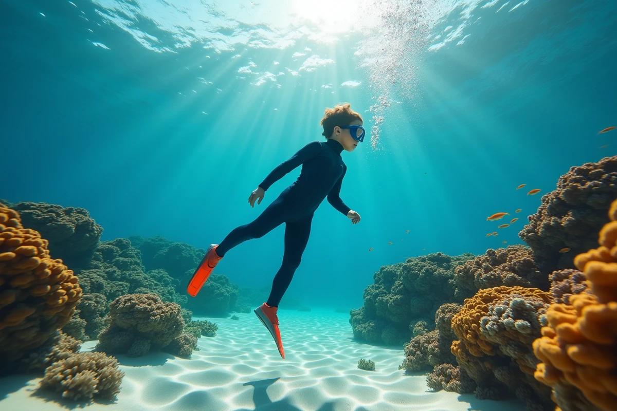 Garçon de 12 ans en plongée sous-marine dans un lagon coral