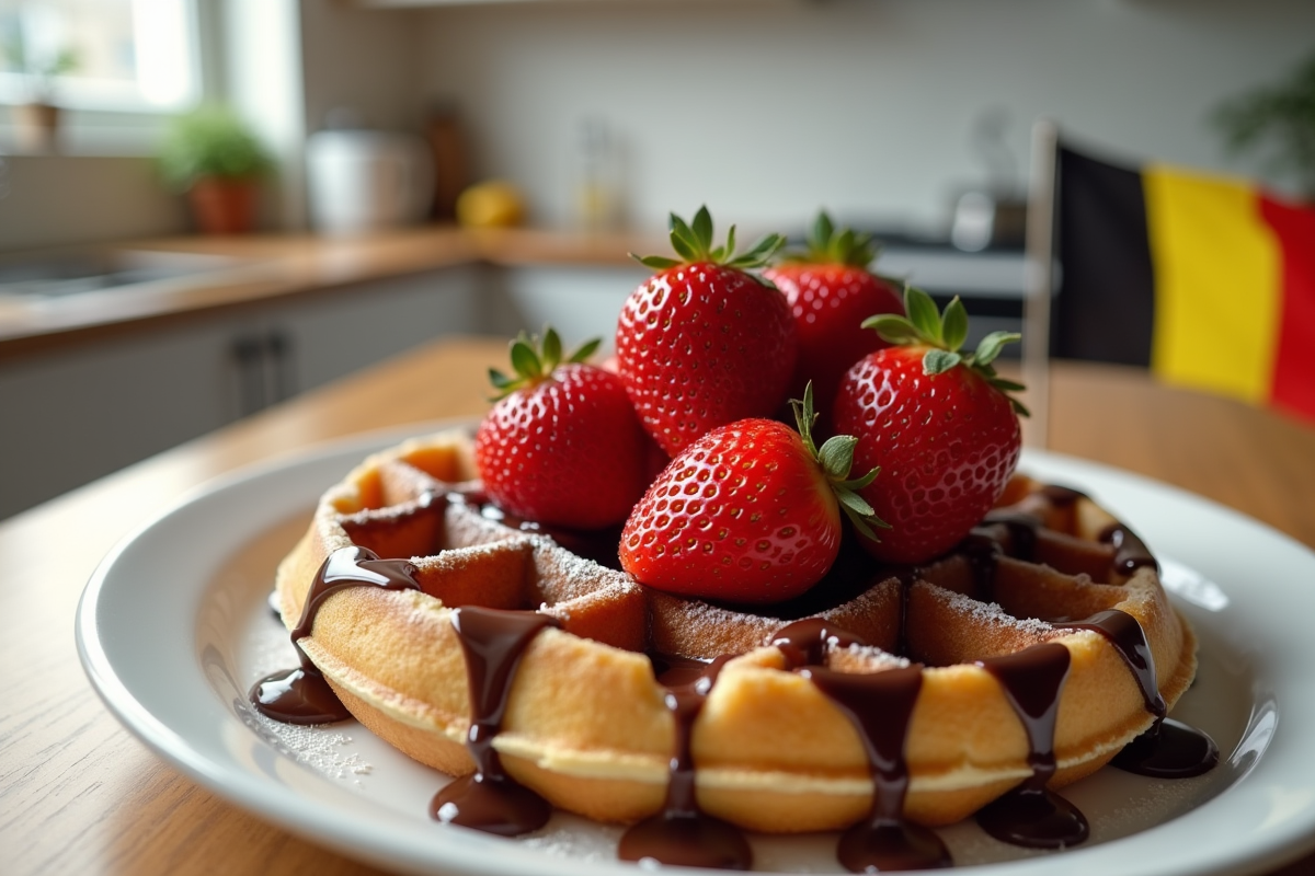 Gaufre de Liège garnie de chocolat fondu et fraises fraîches