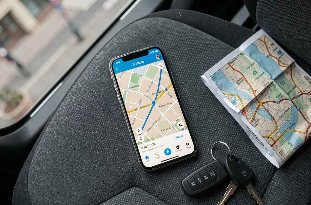 Gros plan d'un smartphone affichant l'application Fr Mappy avec un itinéraire tracé posé sur le siège passager d'une voiture