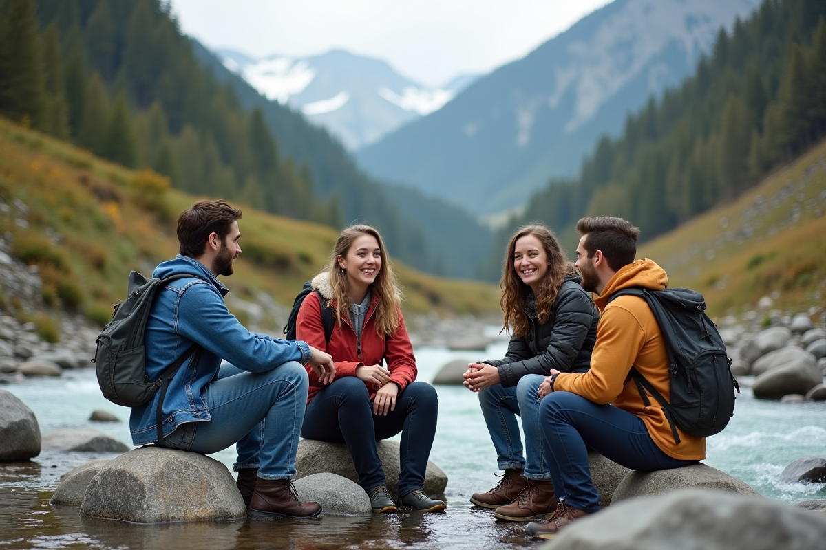 Groupe de jeunes randonneurs au bord d