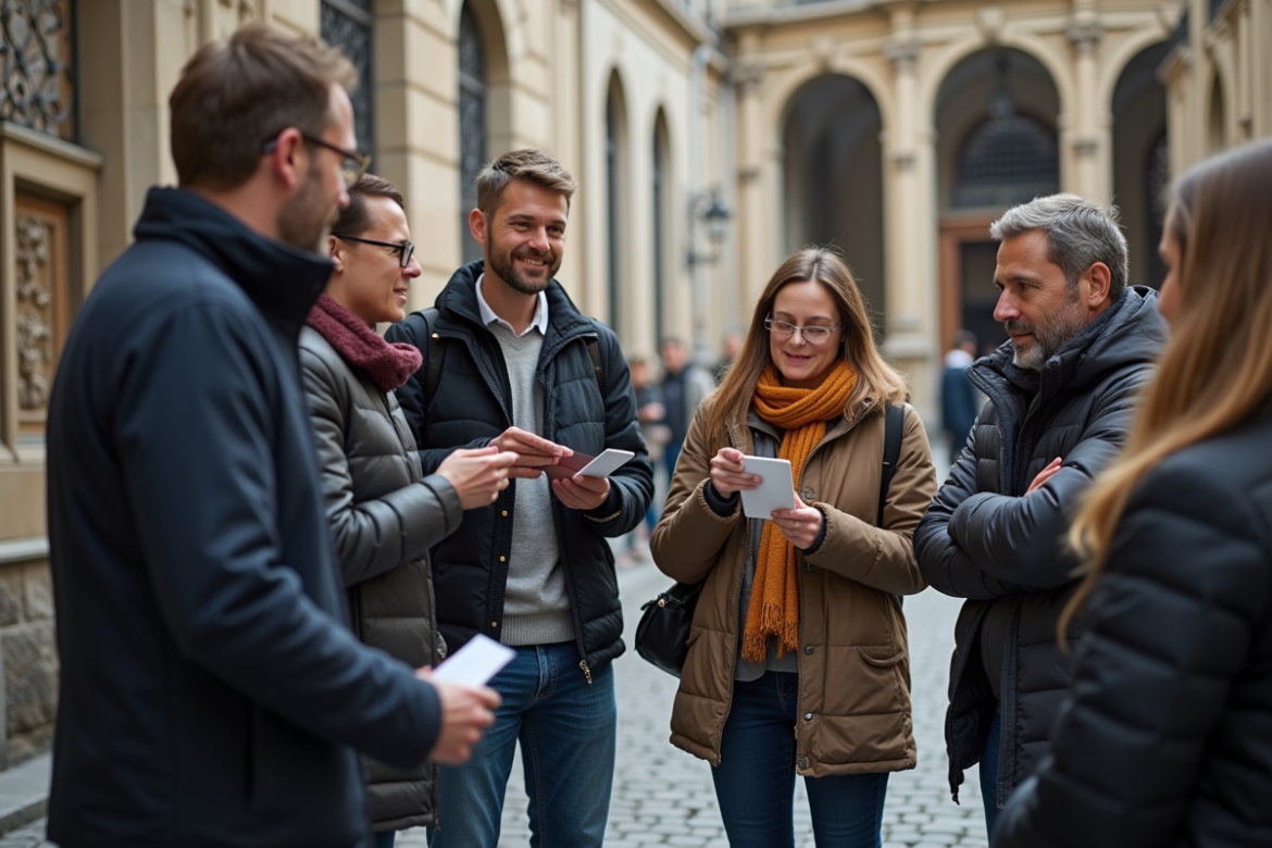 Groupe de touristes écoutant un guide devant un bâtiment historique