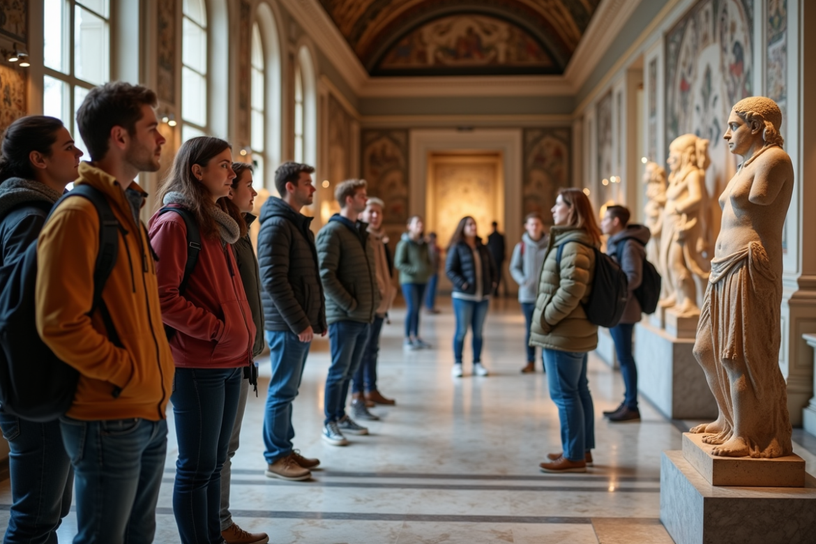 Groupe de visiteurs dans un musée devant un artefact ancien