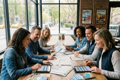 Groupe de voyageurs discutant autour d'une table