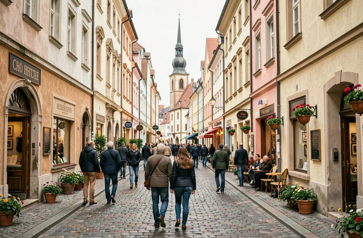 Rue piétonne animée de la Hauptstrasse dans l'Altstadt d'Heidelberg avec ses façades baroques colorées et le clocher de l'Heiliggeistkirche en arrière-plan