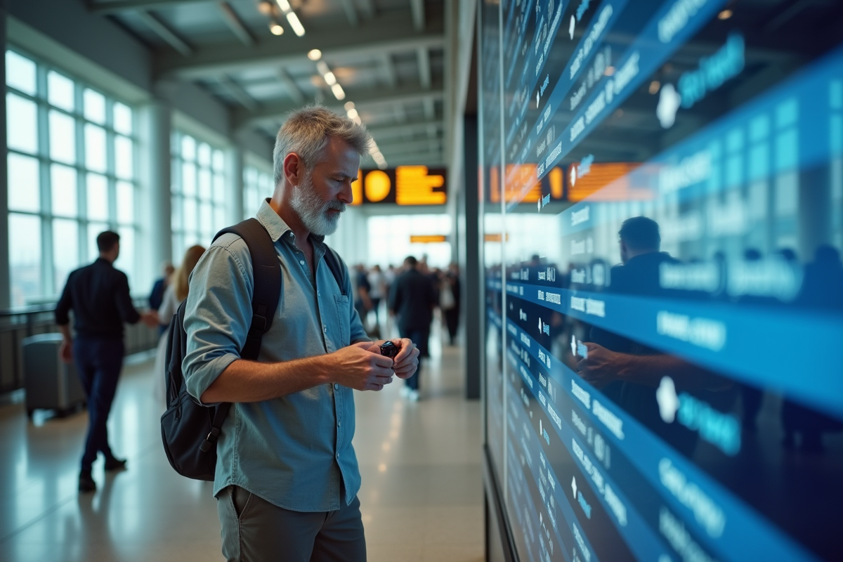 Homme d age vérifiant son passeport à l aéroport avec tableau des départs