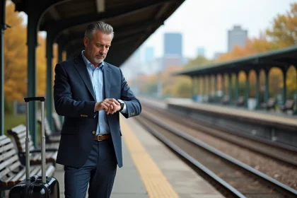 Homme d'affaires vérifiant sa montre sur une plateforme de train