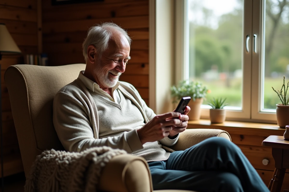 Homme âgé souriant dans un fauteuil lisant un SMS chaleureux de bonnes vacances sur son téléphone