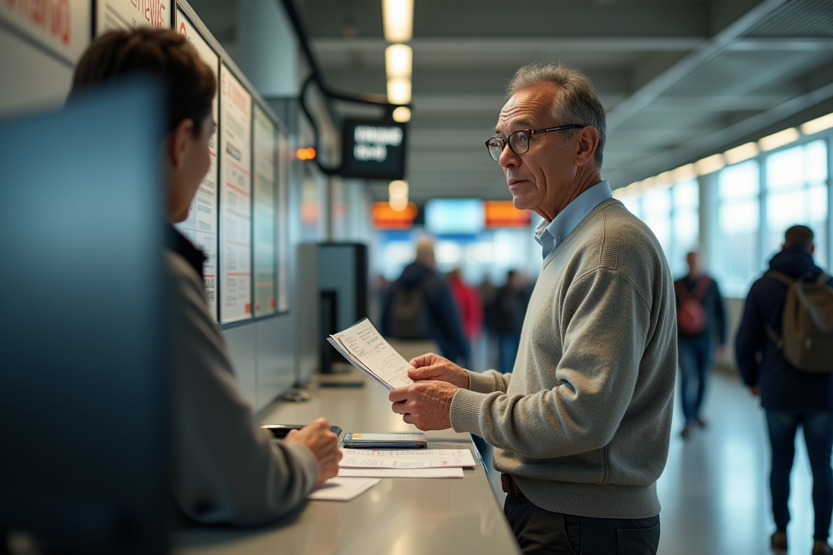 Homme parlant avec agent de train dans gare animée