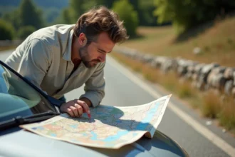 Homme consultant un atlas Michelin de la France posé sur le capot de sa voiture lors d'un arrêt en bord de route à la campagne