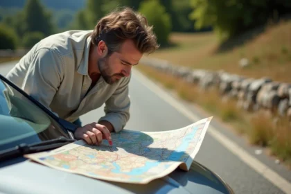 Homme consultant un atlas Michelin de la France posé sur le capot de sa voiture lors d'un arrêt en bord de route à la campagne