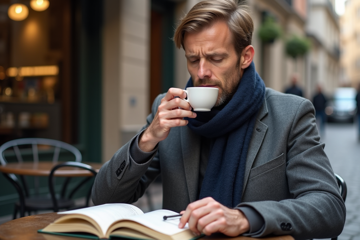 Homme pensif buvant un espresso dans un café milanais