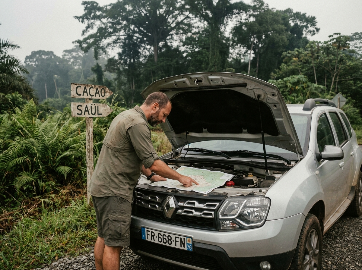 Homme consultant une carte routière posée sur le capot d'un SUV de location dans une clairière en bordure de jungle guyanaise