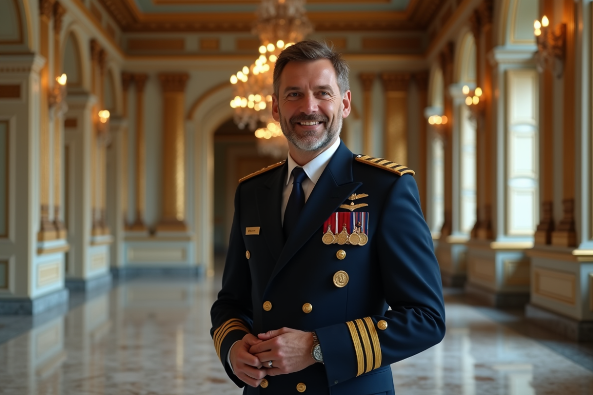 Homme en uniforme navy dans une salle historique élégante
