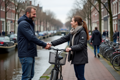 Homme néerlandais souriant échangeant un vélo avec une femme près d'un canal à Amsterdam