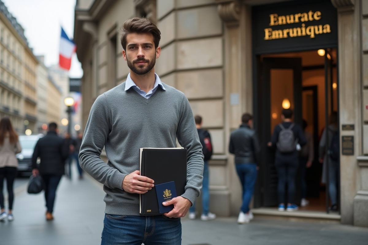 Homme attendant devant le consulat de France avec dossier