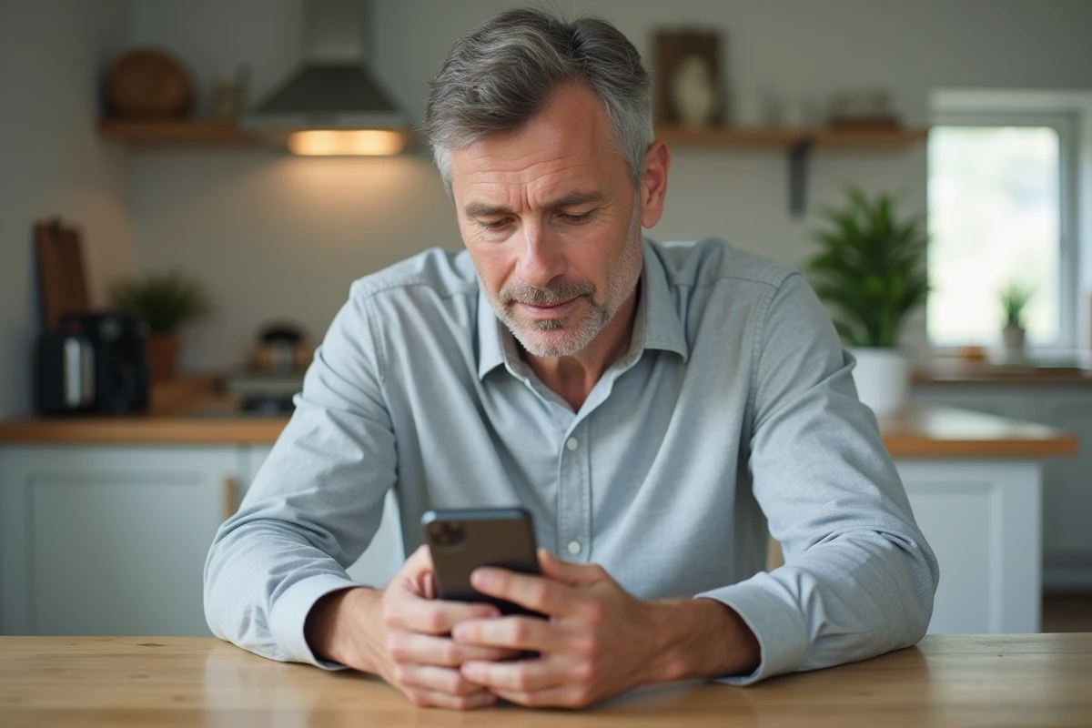 Homme gérant sa réservation de vol sur smartphone depuis son domicile