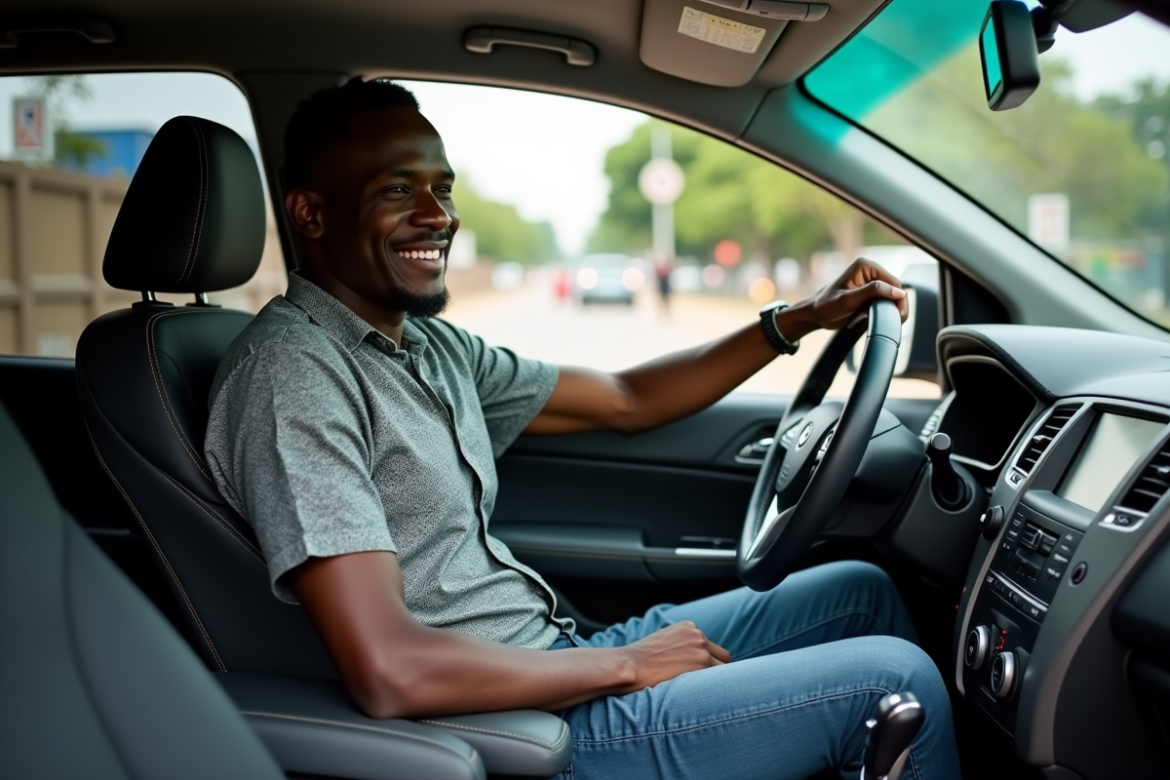 Homme kenyan souriant dans un SUV en ville