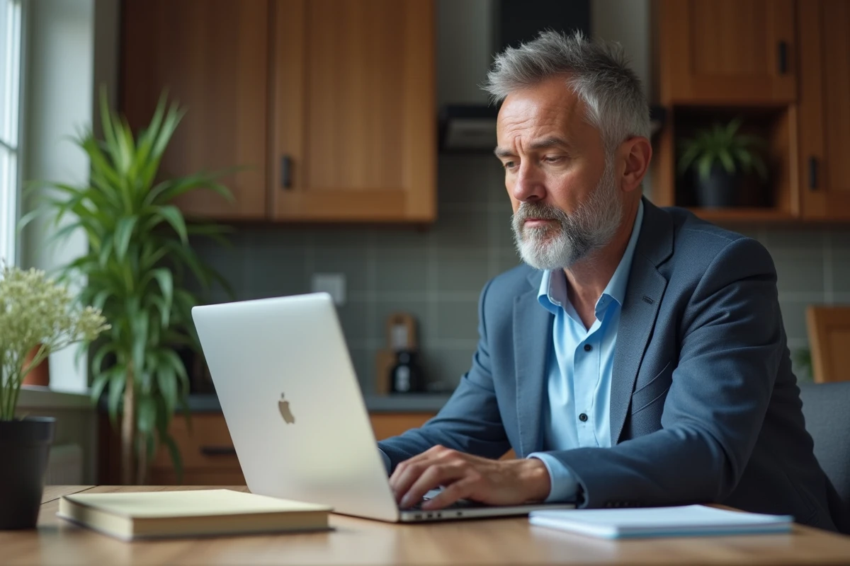 Homme analysant un itinéraire digital dans sa cuisine