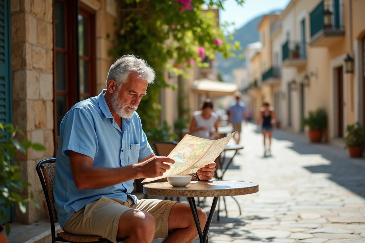 Homme lisant une carte dans un café de Rethymno