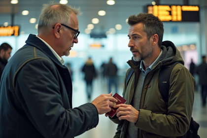 Homme d'âge moyen montrant son passeport expiré à l'aéroport