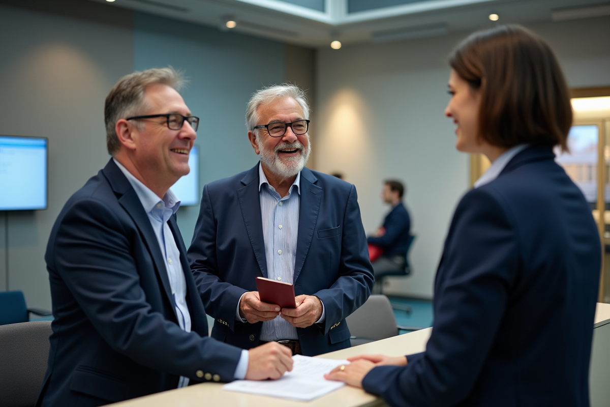 Homme souriant recevant son passeport à la mairie