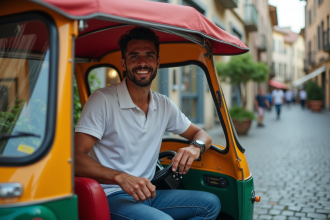 Homme souriant dans un tuktuk en ville européenne