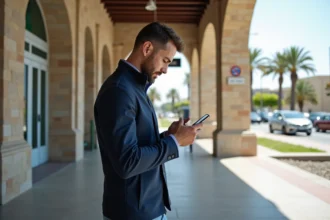 Homme vérifiant son smartphone devant la gare de Monastir