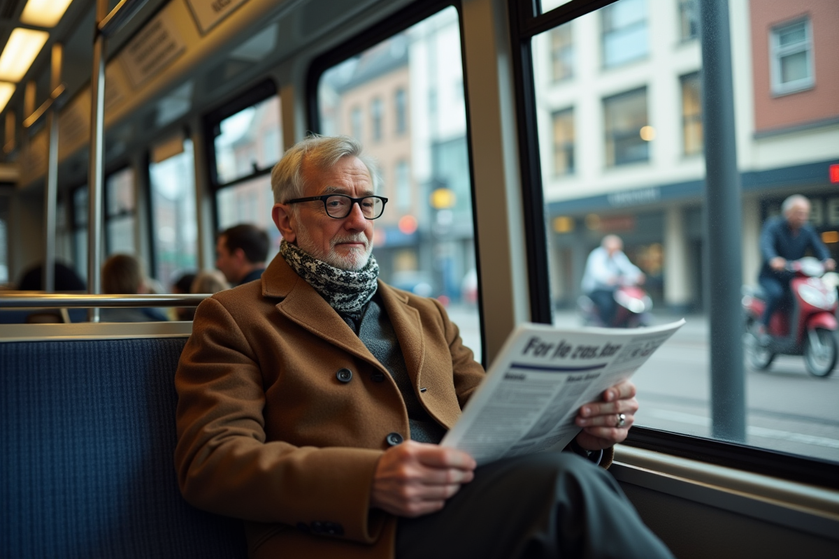Homme âgé lisant un journal dans un tram à Rotterdam