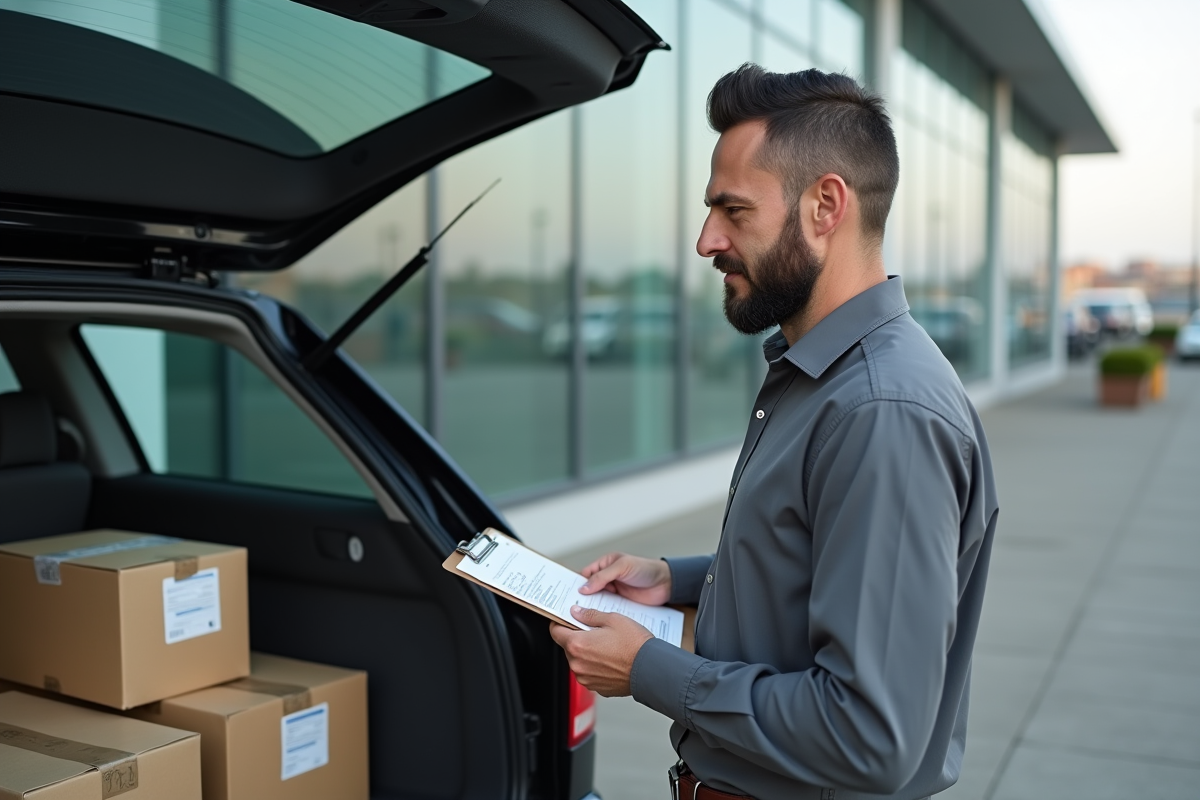 Homme vérifie papiers dans le coffre d