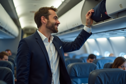 Homme en blazer navy rangeant une trousse de toilette dans un compartiment d'avion