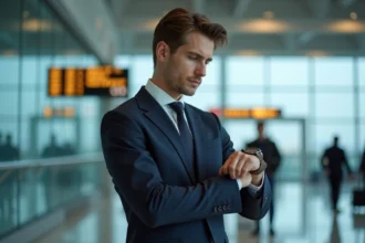 Jeune homme en costume vérifiant sa montre dans un aéroport