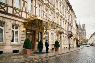 Façade d'un hôtel 5 étoiles dans le quartier historique de la Grande Île à Strasbourg avec architecture alsacienne et portier en uniforme